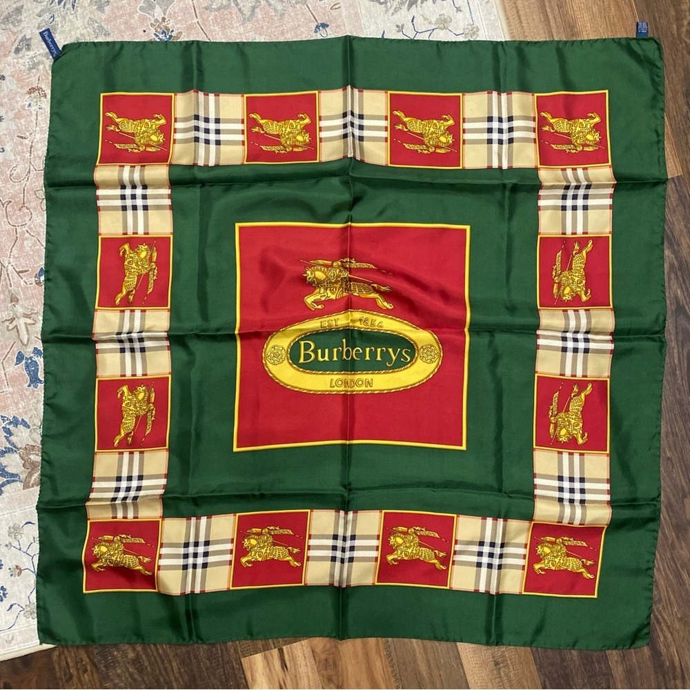 Vintage Burberrys London Silk Scarf Green Red Equestrian Prorsum Knight Logo - Picture 2 of 11